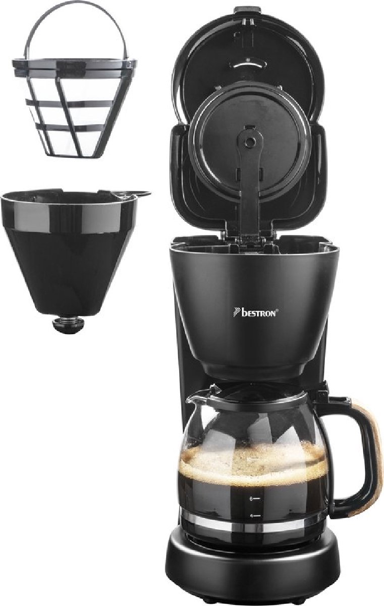 Bestron Koffiezetapparaat filterkoffie 1000W - ACM900BW - 1,5L, 10 koppen - Glazen kan - Zwart/hout