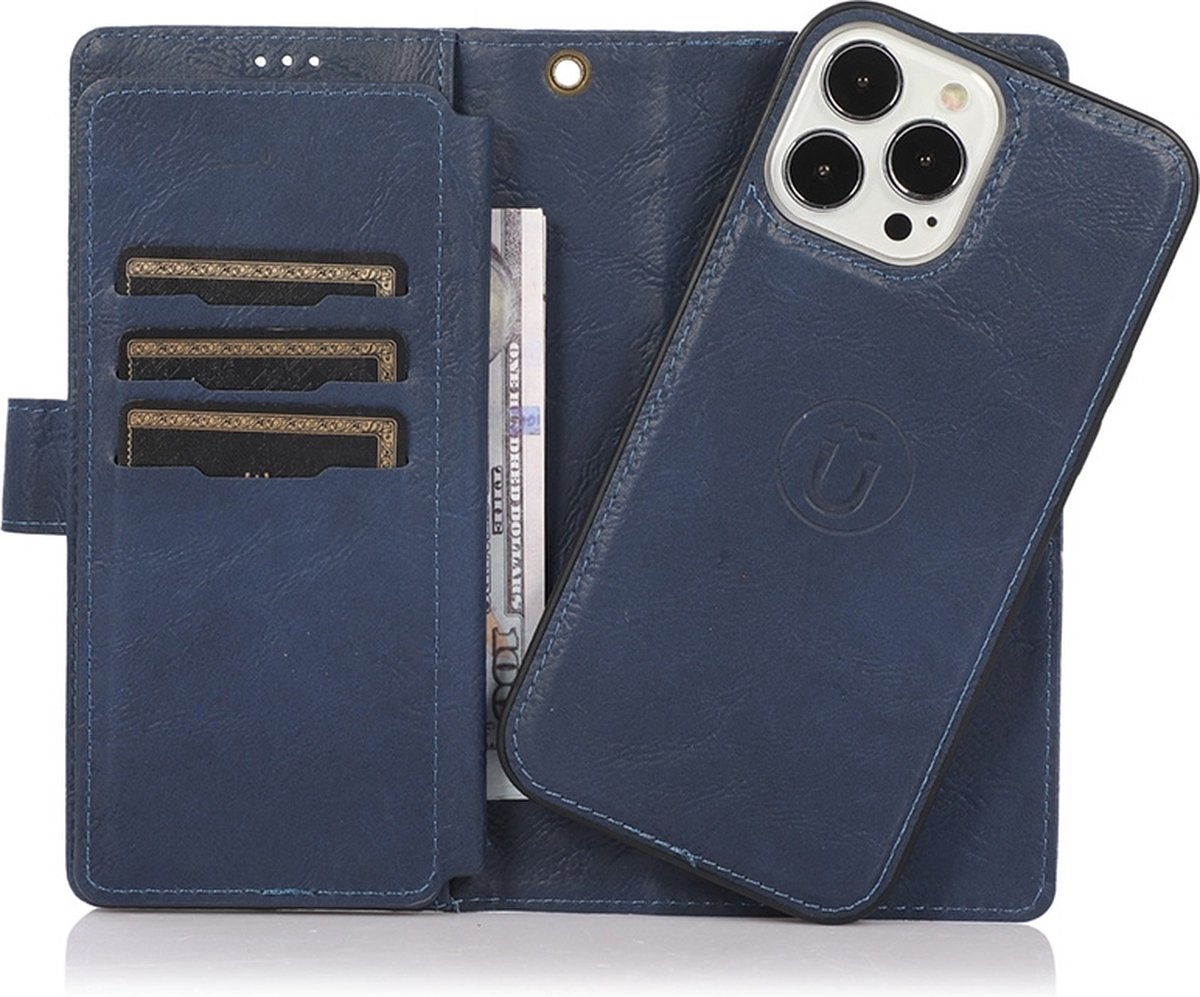 iPhone 14 Pro Magnetisch 2-in-1 Hoesje - Luxe Wallet Case met Magneet Sluiting - Vakjes voor pasjes en geld - Mobiq Luxe Lederen Magnetische 2-in-1 Book Case iPhone 14 Pro donkerblauw