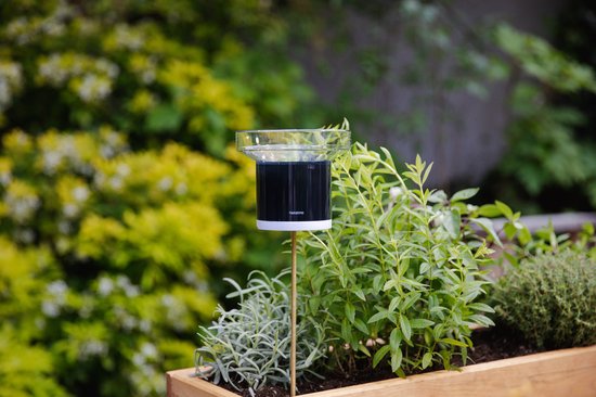 Netatmo Slimme Regenmeter op een stok in een plantenbak in de tuin.
