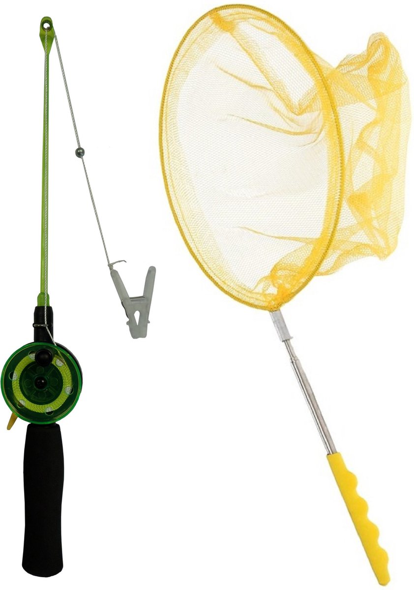 Krabhengel / vishengel voor krabbetjes 38 cm met uitschuifbaar schepnetje geel