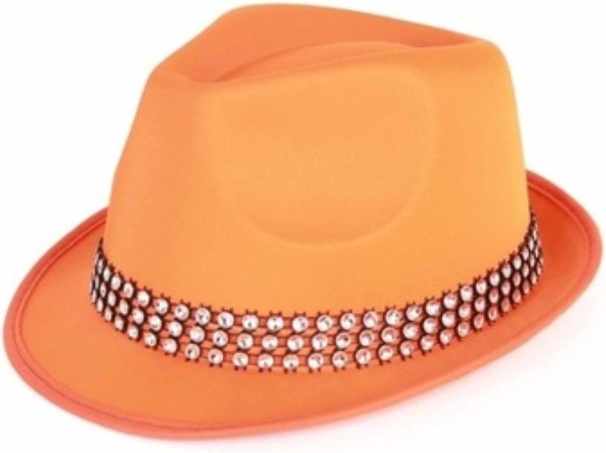 Oranje verkleed hoedje met zilveren steentjes - Koningsdag - Oranje feestartikelen