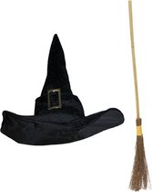 Guirca Heksen verkleed set voor dames heksenhoed met houten heksenbezem van 95 cm
