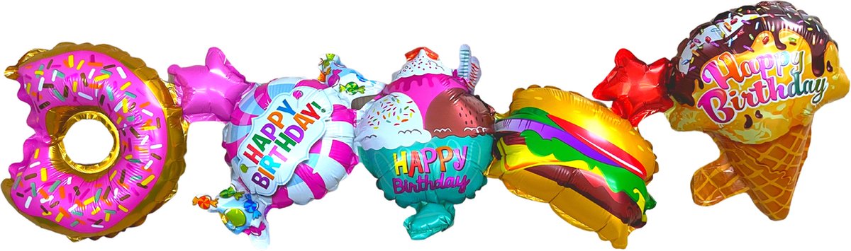 Zoete ballonen taart slinger - Donut, Gebak en Taart Thema - Ballonnen Verjaardag - Ballonnen Slinger - Happy Birthday Ballon - Donut Ballon - Hamburger Ballon - Fienosa