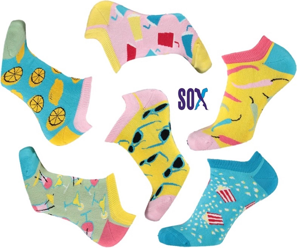 SOX Sneakers en Enkelsokken Multipack Felle Exotische tekening Popcorn/Milkshake/Chili/Coctail Dames Maat 37/42 zonder teennaad 6 PACK