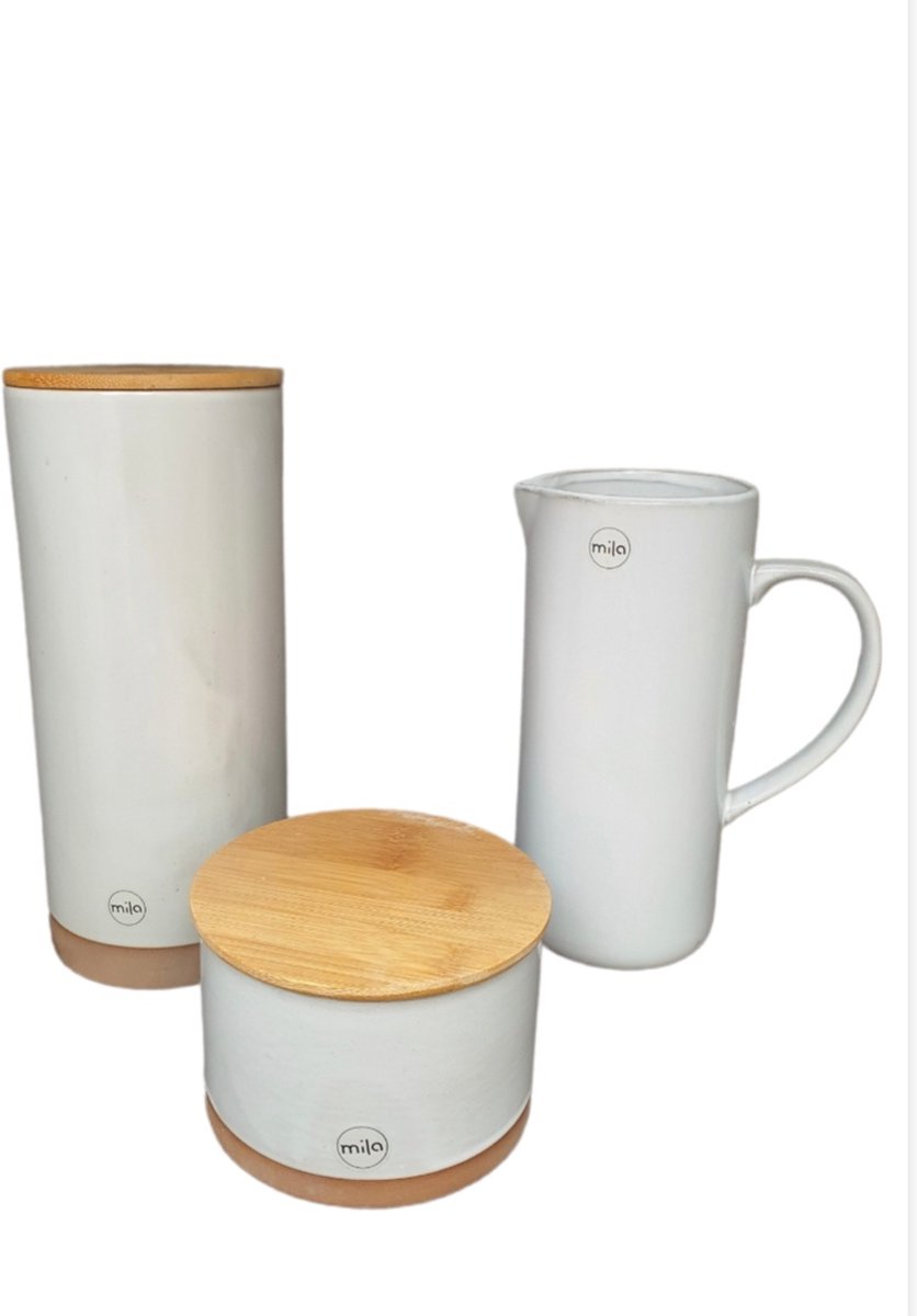 Mica Decorations Mila Storage pot ,water kan Wit ,Set van 3 Grootste maat H27xD12cm