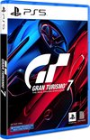 PlayStation 5 gamehoes "Gran Turismo 7" met rode en blauwe sportauto's.