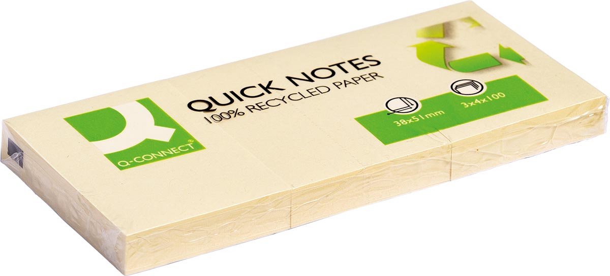 Q-CONNECT Quick Notes Recycled, ft 38 x 51 mm, 100 vel, Doos met 4x 3 blokken, geel