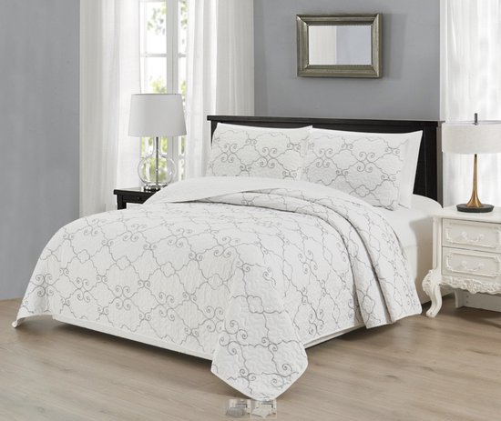 Parure de lit Luxe - Couvre-lit 220x240 - Taie d' Kussensloop 2x 50x70 - blanc avec détails chics