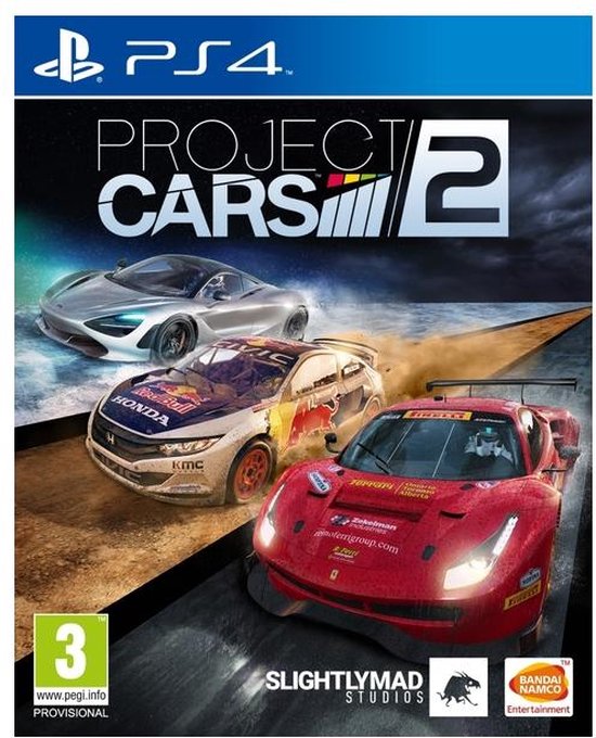 Project Cars 2 PS4 speldoos met drie racewagens op een stoffige baan.