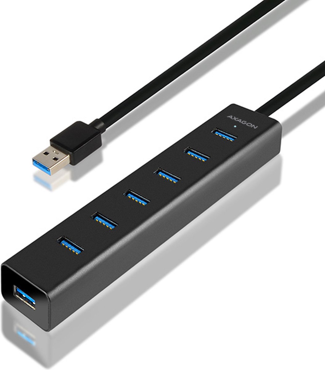 Axagon - USB 3.2 Oplaadpoort Hub Gen 1 (5Gbps) - 7-poorts (USB-A) - 40 cm USB-A-kabel - Snel opladen - Metaal - Voedingsadapter 5V/2A