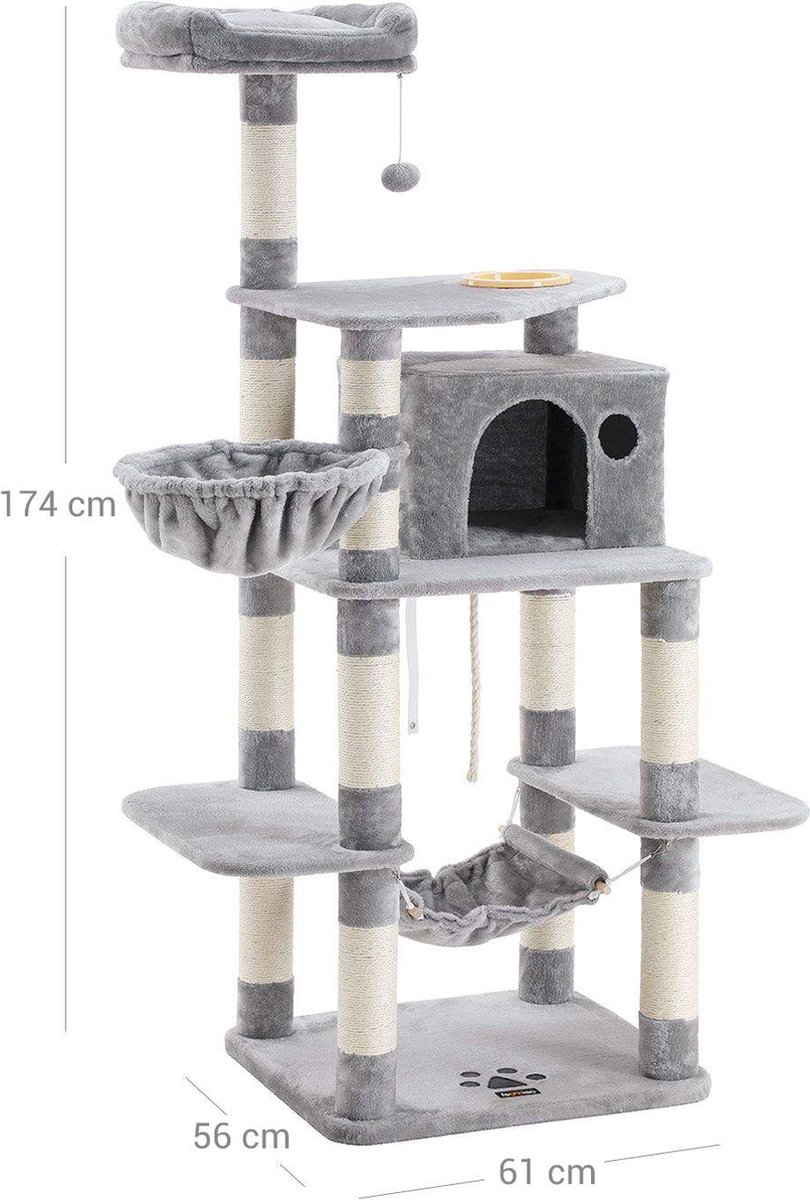 Signature Home Krabpaal XXL - Krabpaal met kattenbak 164 cm hoog - Kattenboom in sisal gewikkelde krabpunten - mand en grot - klimboom voor katten - lichtgrijs