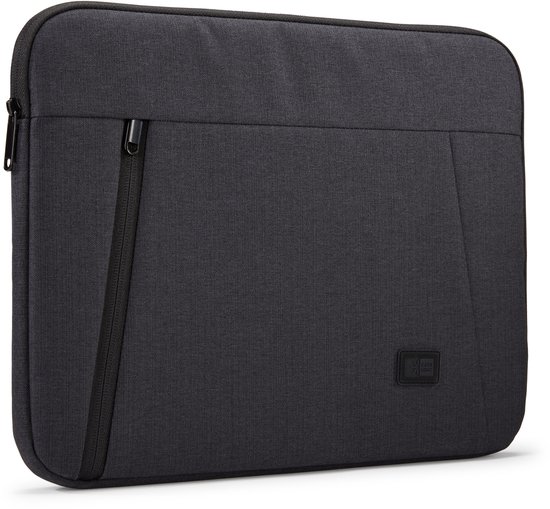 Sacoche d'ordinateur portable grise avec une fermeture éclair diagonale sur le devant et un logo Case Logic.