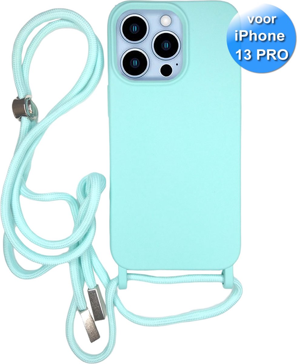 Hoesje met Koord geschikt voor de iPhone 13 Pro - Telefoonhoesje met verstelbaar draagkoord - Siliconen Back Cover - Licht Blauw