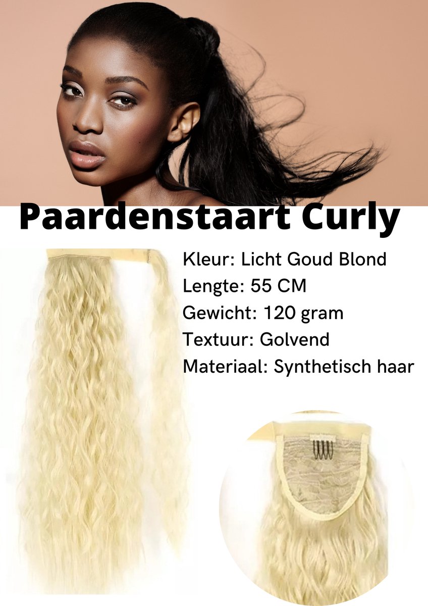 Paardenstaart Hair Extension-Licht Goud Blond-Lang-Krullend-Golvend 55 cm - Ponytail Hair Extensions Light Golden Blond Long Curly Wavy