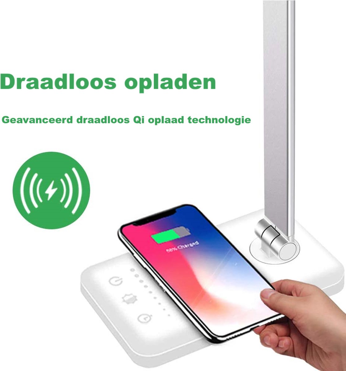 Ortho® - Bureaulamp - Bedlamp - Leeslamp - Nachtlamp - LED - Kleur licht, van Warm Wit tot Daglicht - Dimbaar - Qi draadloos opladen - USB oplaadpoort - Zilverkleurig thumbnail 6