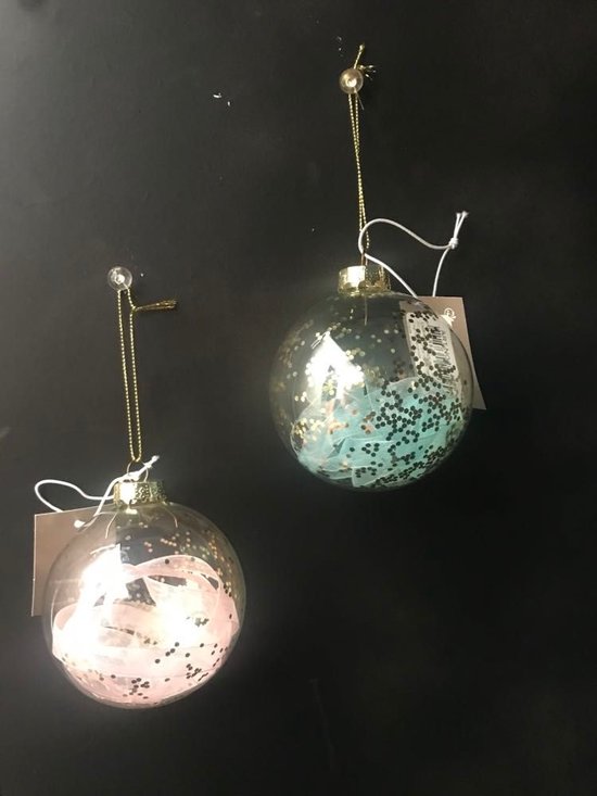 Set van 2 glazen kerstballen gevuld met glitter en lint roos en blauw