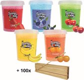 Suikerspin Suiker - Aardbei - Bosbes - Appel - Banaan - Sinaasappel - 5 potten x 400 gram incl. ± 100 suikerspin stokjes - Fruit combo 1
