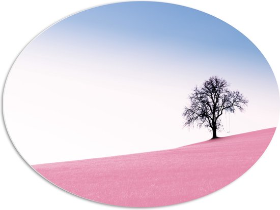 WallClassics - PVC Schuimplaat Ovaal - Boom op Roze Heuvel - 80x60 cm Foto op Ovaal  (Met Ophangsysteem)