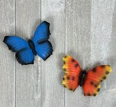 Polystone - Muurdecoratie Vlinder - Blauw & Oranje -  16 x 19 x 4.5 cm - 2 Stuks