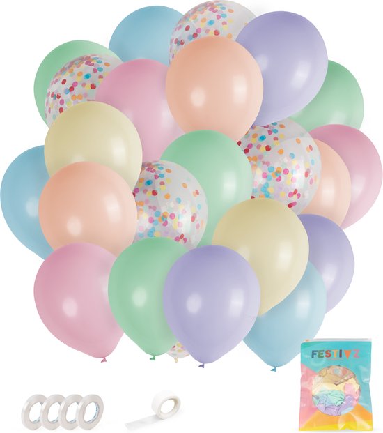 Festivz 40 stuks Pastel Ballonnen met Lint – Decoratie – Feestversiering - Papieren Confetti – Pastel - Pink Latex - White Latex - Purple Latex - Green Latex - Orange Latex - Verjaardag - Bruiloft - Feest - Pasen - Easter