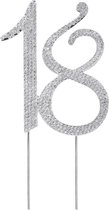 Nummer 18 - Taart Topper Met Steentjes - Metalen 18e Verjaardag taart Decoratie - Kristalsteentjes - Cake Topper - Jubileum Taartdecoratie - Herbruikbaar -  Wasbaar - Zilver