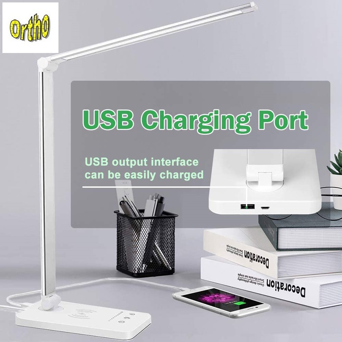 Ortho® - Bureaulamp - Bedlamp - Leeslamp - Nachtlamp - LED - Kleur licht, van Warm Wit tot Daglicht - Dimbaar - met USB oplaadpoort - Zilverkleurig thumbnail 4