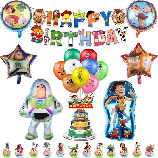 Toy Story Feestpakket - Buzz Lightyear & Woody Kinderfeest - Compleet Pakket Kinderverjaardag -  / Slinger / Caketopper - Compleet Feestpakket Themafeest ToyStory - Kinderverjaardag Versiering -Toy Story Verjaardagsfeest - Kinder Verjaardag Jongen
