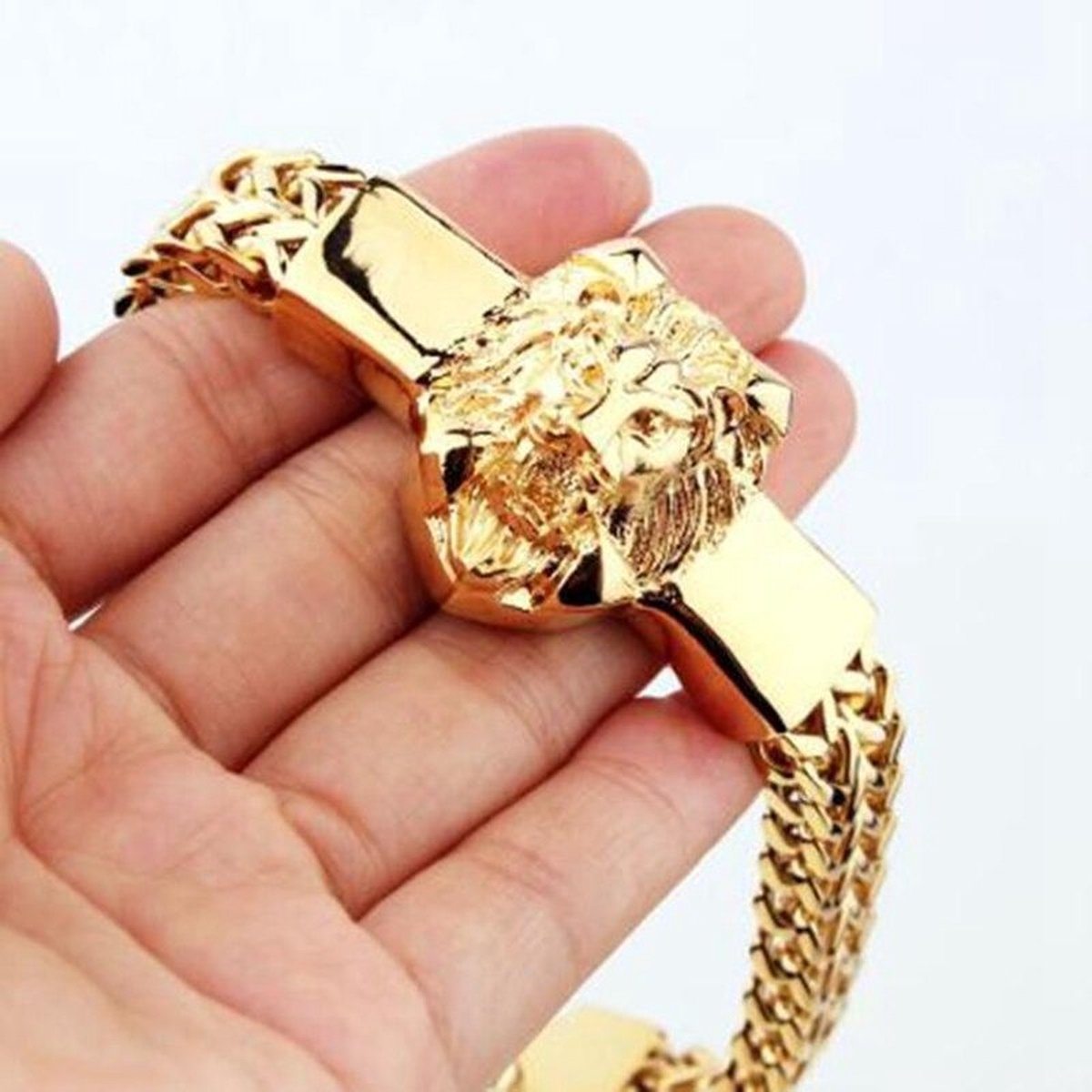 WiseGoods Luxe Hoofd Leeuw Armband Heren - Armbanden - Sieraad - Armbandje - Sieraden - Armbandjes - Cadeau - RVS - Goud - 22cm