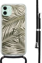 Hoesje met koord - Geschikt voor iPhone 11 - Palmbladeren - Verstelbaar zwart koord - Transparant, Groen - Natuur - Leuke Telefoonhoesjes