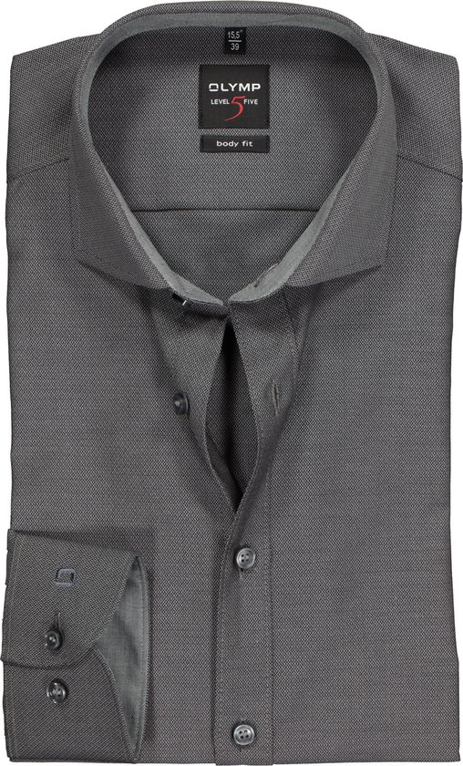 OLYMP Level 5 body fit overhemd - antraciet grijs structuur (contrast) - Strijkvriendelijk - Boordmaat: 46