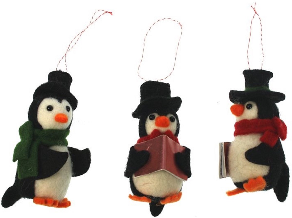 Pinguïns met hoed en boek vilt 3ass 7x8x12cm