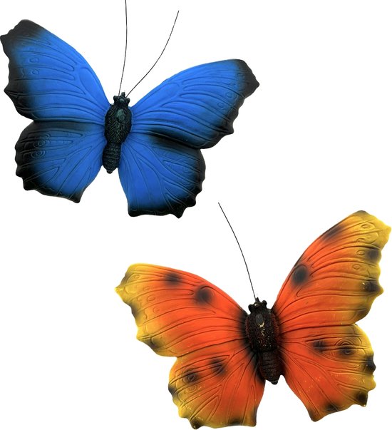 3D vlinders muur/tuin decoratie - Polyresin - set van 2 - Blauw & Oranje - 16 x 19 x 4.5 cm