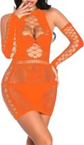 Dames Lingerie Stretch Sexy Mini Dress met mouwen - Fluo oranje - XXL one size (48-52)