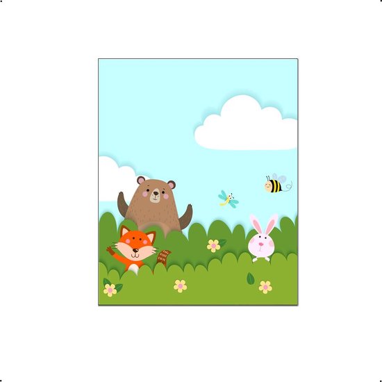PosterDump - Beer vos konijn bijtje dieren in de bosjes midden - Baby / kinderkamer poster - Dieren poster - 30x21cm / A4