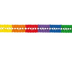 Extra brede/grote regenboog feestslinger voor in een feestzaal 10 meter brandvertragend papier
