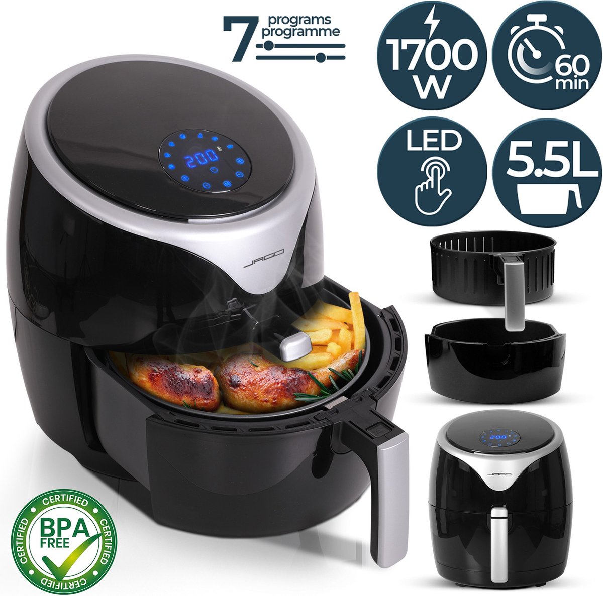 Jago GoodVibes Airfryer XXL 7-in-1 Hot Air Oven 5.5L 1700 Watt LED Display with Touch Screen 7 Programmes Build-in 60 Minute Timer Hot Air Fryer Black