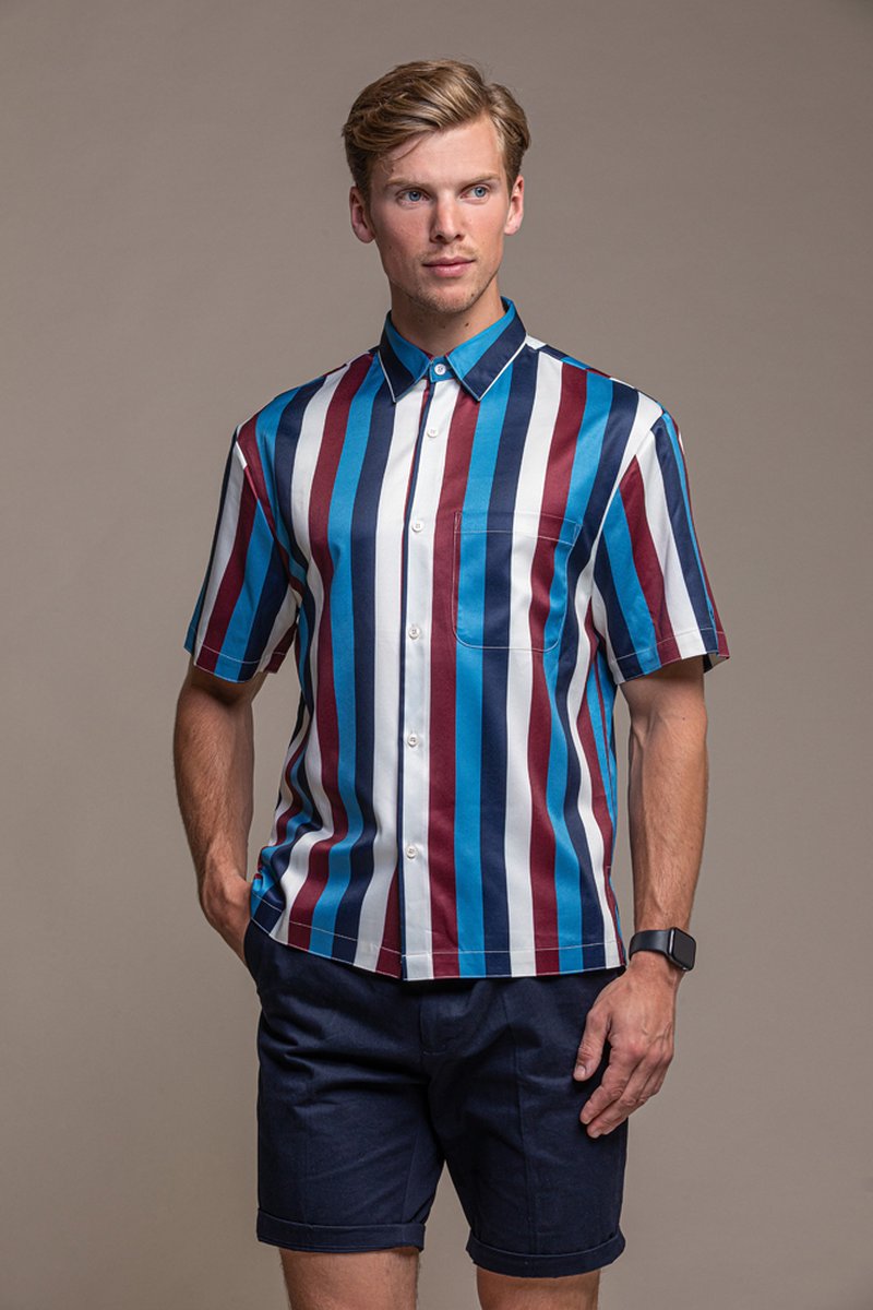 Laurent Vergne - Heren - Bowling Shirt - Gestreept - 100% Polyester - maat S - Slim fit