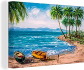 Canvas strand - Strand - Olieverf - Palmboom - Boot - Canvas doek - 90x60 cm - Schilderijen op canvas - Muurdecoratie