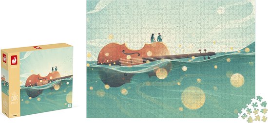 Boîte et puzzle Janod Kidult avec violon dans l'eau, 1000 pièces. Deux personnes sur le violon.