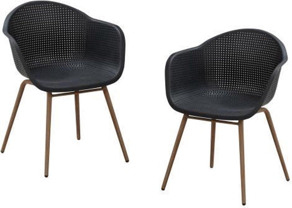 Set van 2 Scandinavische fauteuils - Kunststof zitting, stalen voet - Antraciet zwart - Natuurlijk hout decor
