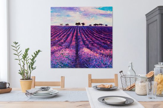 Toile - Huile - Fleurs - Lavande - Peinture - Violet - 90x90 cm - Décoration murale - Intérieur