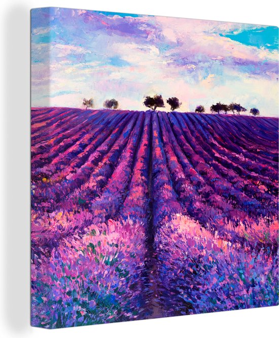 Toile - Huile - Fleurs - Lavande - Peinture - Violet - 90x90 cm - Décoration murale - Intérieur