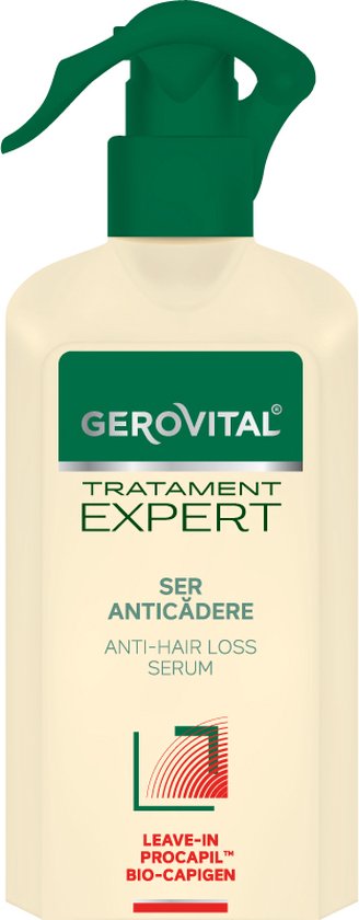 Gouden crème fles met groene spray dop, 'Gerovital Tratament Expert' anti-haaruitval serum.