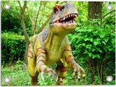 WallClassics - Tuinposter – Dinosaurus in het Bos - 40x30 cm Foto op Tuinposter  (wanddecoratie voor buiten en binnen)