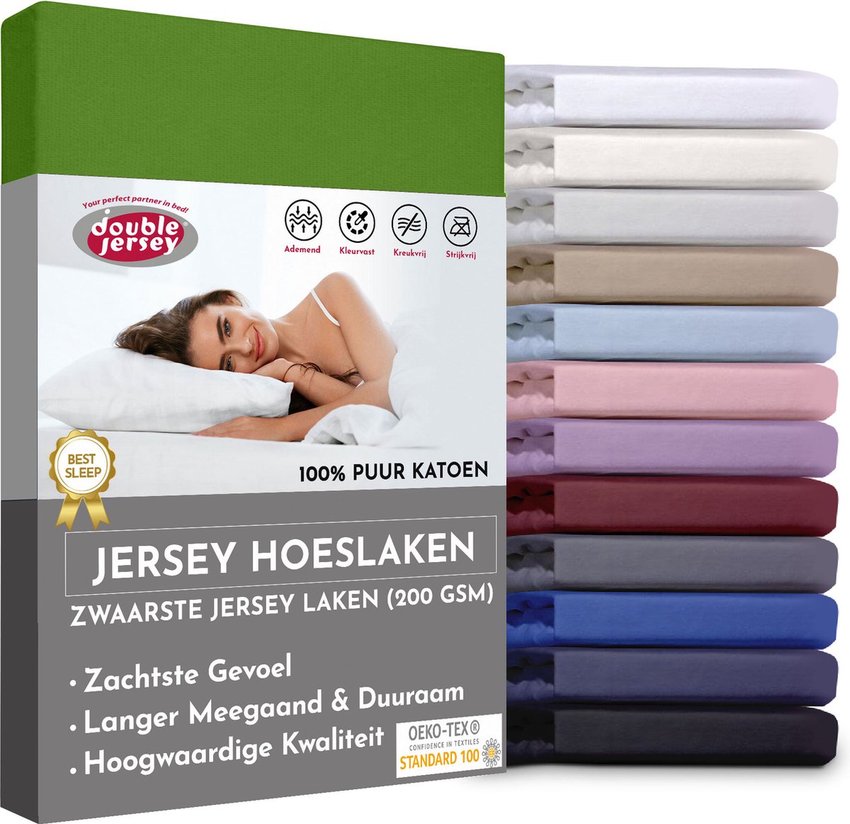 Double Jersey Hoeslaken - Hoeslaken 180x200+30 cm - 100% Katoen Groen