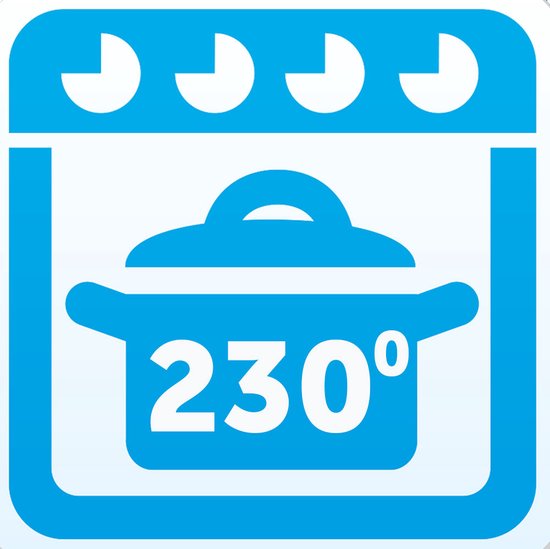 Blauw icoon dat een oven voorstelt met een pan erin en de temperatuur '230°'.