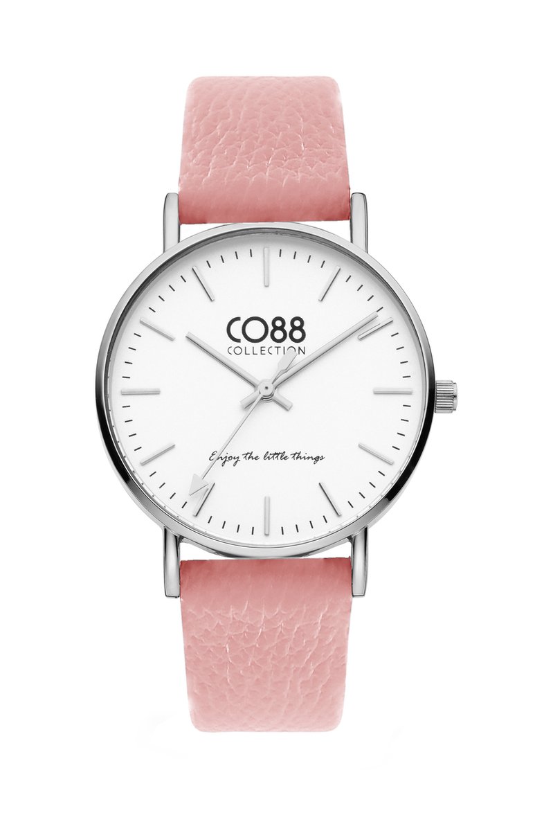 CO88 Collection 8CW-10099 Horloge - Dames - Roze - Leren Band - tot 20 cm Polsmaat - 36 mm Doorsnee - Zilverkleurig