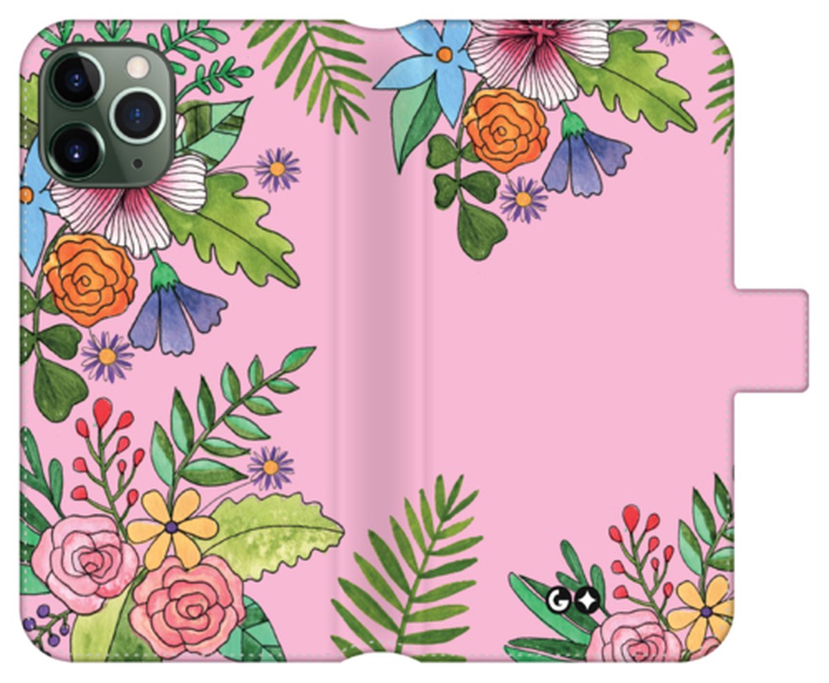 Telefoonhoesje geschikt voor Apple iPhone 11 Pro - Portemonneehoesje - met pasjeshouder en magneetsluiting - Natuurcollectie - Watercolor Flower Mix - Roze