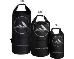 Hikemeister ® 5 Liter - waterdichte tas - outdoor droogtas - Dry Bag - plunjezak - met waterdichte front pocket en reflectie logo zwart met singel straps zwart
