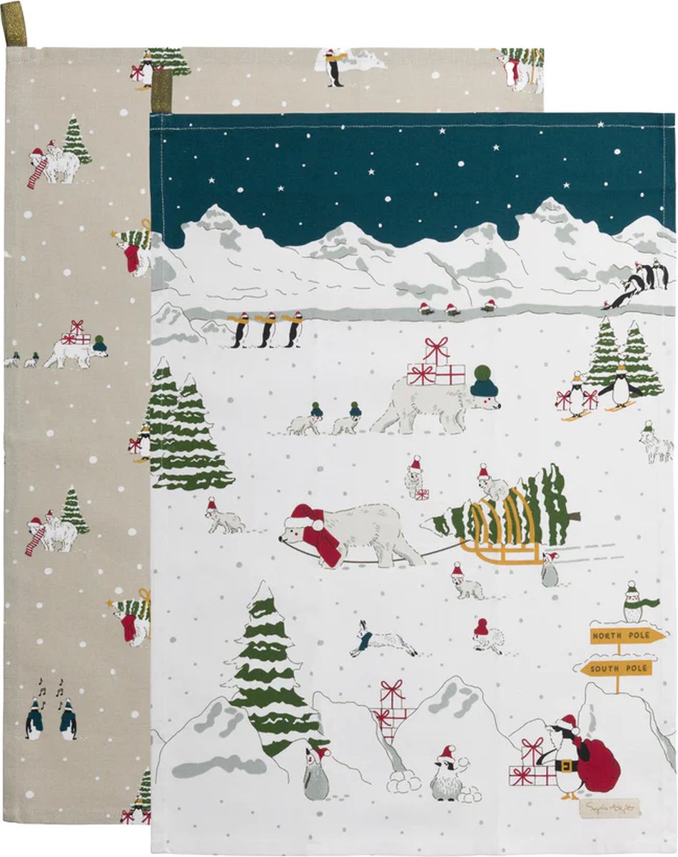 Set van 2 Kerst Theedoeken Sneeuwseizoen van Sophie Allport - twee theedoeken voor de feestdagen met Pooldieren